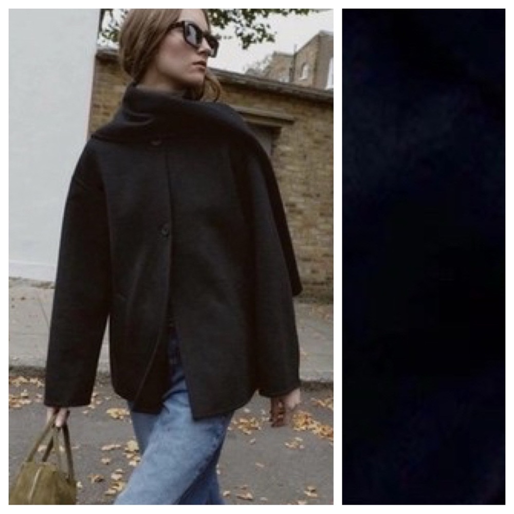 NWT. Zara ZW Collection Black Wool Blend Short Coat with Scarf. Size XS.